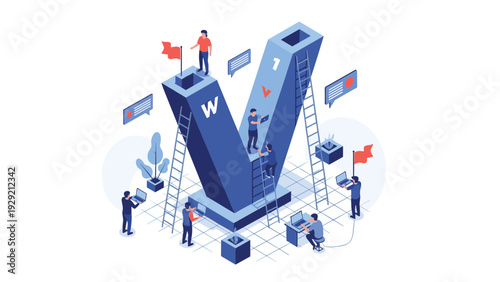Group of professional people working together around a large blue letter V using laptops and tools in an isometric technological concept.