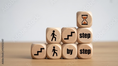 Wallpaper Mural Step by step progress concept with wooden blocks showing stairs icon and climbing person on wooden table Torontodigital.ca