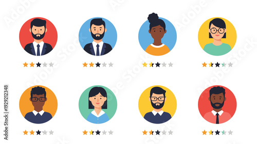 Diverse set of user profile avatars in colorful circles with five star rating systems displayed for customer feedback and performance review.