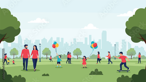 People enjoy a relaxing day in a sunny city park with lush green trees, children playing with balloons, and a modern urban skyline.