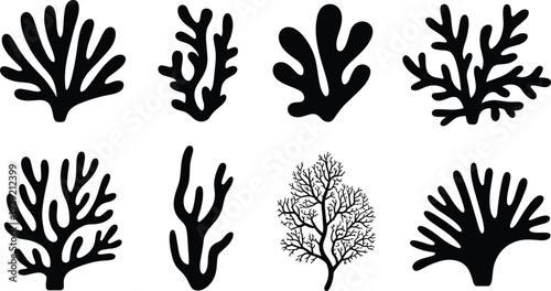 Coral and seaweed silhouette set, marine reef plants and underwater tree shapes isolated on white background vector illustration
