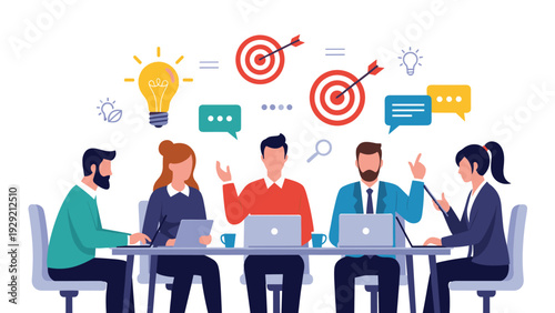 Group of business professionals having a meeting with laptops to discuss creative goals represented by lightbulbs and targets in the background.