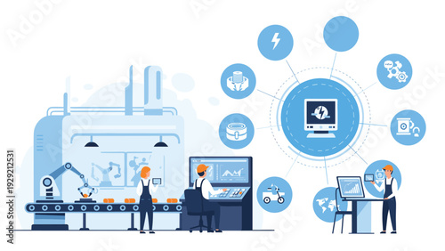 Smart factory production line with robotic arms assembling products while workers monitor progress on advanced computer control systems.