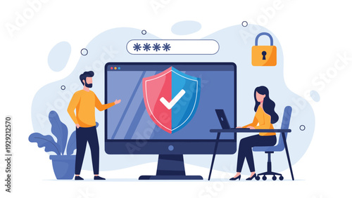 Cyber security concept with a man and woman working on computers with a large shield and password field for protected data transmission.