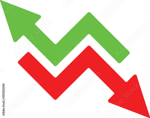 A graphic of two arrows in contrasting colors representing opposing trends