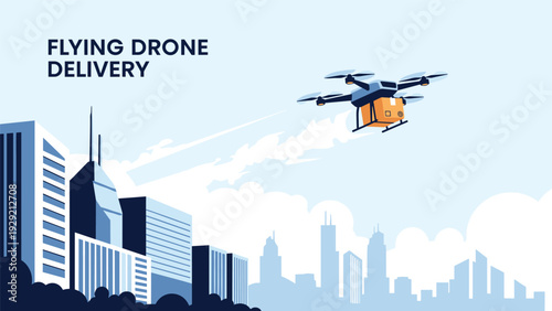Modern delivery drone carrying a package while flying high above a metropolitan city with tall skyscrapers under a clear blue sky.
