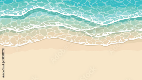 Top down view of turquoise ocean waves with white foam gently washing over a sandy beach in a beautiful and calming flat illustration style.