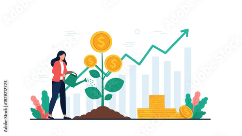 Professional woman watering a money tree while a background bar chart with a rising arrow indicates successful long term financial growth.