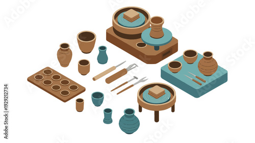Pottery tools and equipment for ceramics and pottery making isolated on white background