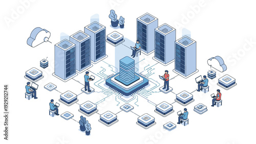 Isometric server room illustration with technicians using laptops to manage a large network of computer hardware and cloud data storage.