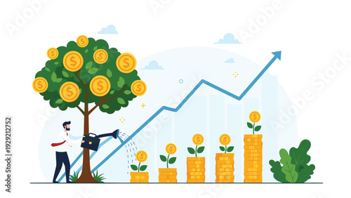 Business man watering a large green tree that grows gold coins with a rising financial chart in the background showing investment success.