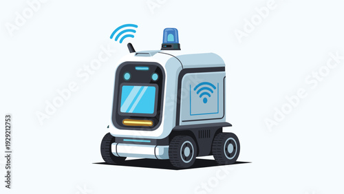 Autonomous delivery robot on wheels with blue emergency lights and a wifi symbol designed for efficient logistics in a smart city.