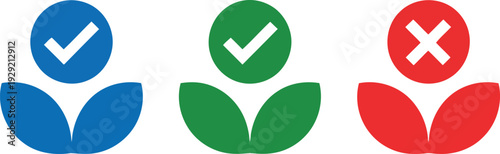 Visual representation of approval, success, and rejection using colored checkmarks and crosses.