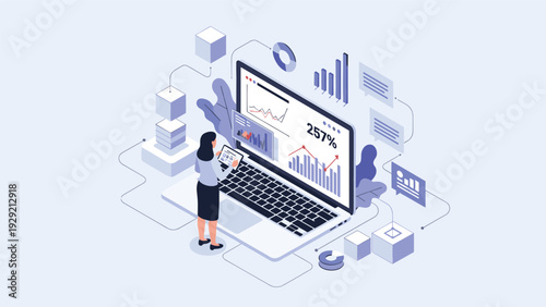 Data analyst examining complex financial charts and statistical graphs on an oversized laptop screen in an isometric digital workspace.