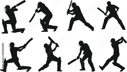 Cricket player silhouette set, batsman batting action poses isolated on white background, sports athlete vector illustration collection