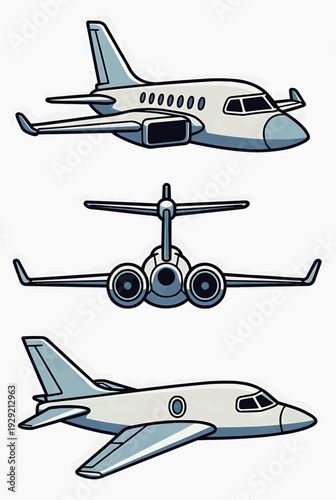 Commercial airplane and private jet flat vector illustration set