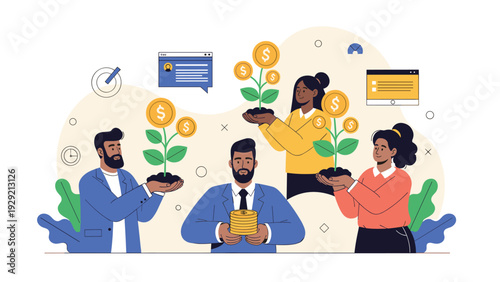 Diverse group of business people nurturing financial growth by holding young plants that bear golden dollar sign coins as fruits.
