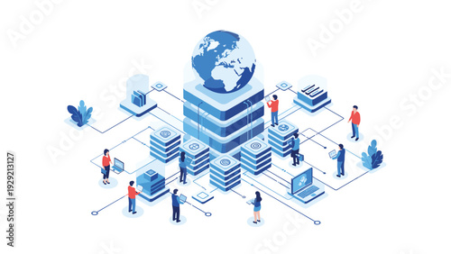 Comprehensive isometric map of a global server infrastructure connecting people across the world via high-speed digital networks and data.