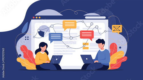 Two individuals working on laptops against a backdrop of complex data connections and colorful speech bubbles representing communication.