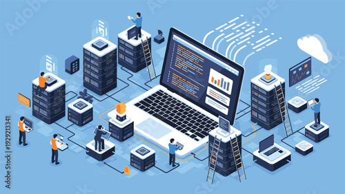 Network engineers and technicians managing a complex isometric ecosystem of server racks, laptop computers, and data connections in blue.