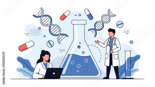 Medical researchers working in a laboratory with large scientific equipment, chemical beakers, floating pills, and DNA symbols.