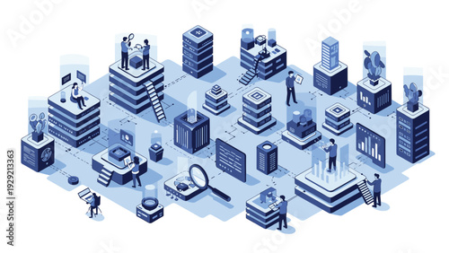 Intricate blue monochrome isometric diagram of a large-scale data center with numerous server units, researchers, and network pathways.