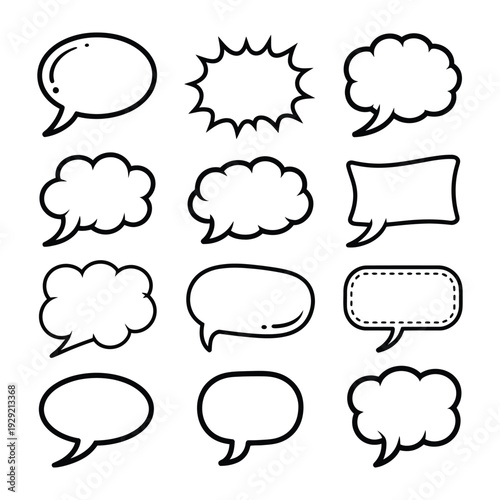 Dialogue Icons: A collection of various hand-drawn dialogue speech bubbles suitable for communicating messages, thoughts, or ideas in graphic design or communication projects. 