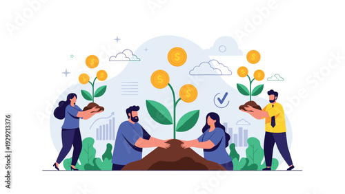 Small team of dedicated professionals collaborating to plant and grow young trees bearing golden dollar coins as a metaphor for investment.