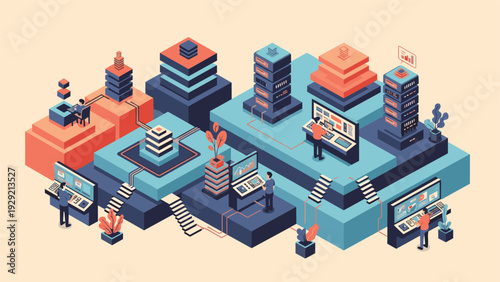 Creative isometric visualization of individuals managing and connecting colorful digital blocks and server units in a futuristic workspace.