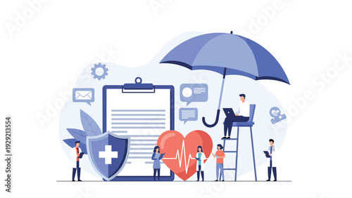 Medical professionals collaborating on patient care under a large blue umbrella, symbolizing comprehensive health insurance protection.