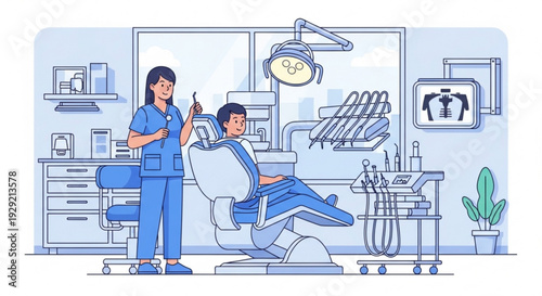 Dentist and patient in modern dental clinic with blue tones and medical equipment