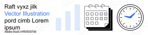 Time management, task planning, business productivity, schedule organization, office efficiency, deadline tracking. A clock, calendar and bar graph side by side. Time management and task planning