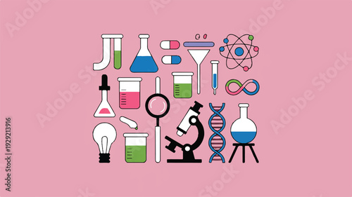 Science laboratory equipment and symbols on pink background