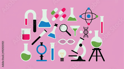 science laboratory equipment and tools flat icons set on pink background
