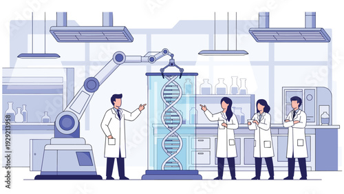 Lab researchers analyzing DNA structure in a high tech medical laboratory with advanced robotic arm technology.