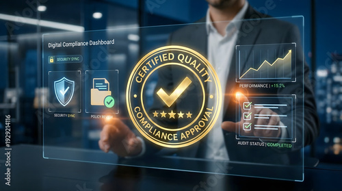 Business Professional Presenting Glowing Quality Certification Badge with Checkmark and Stars for Compliance Standards and Performance Assurance in Corporate Environment