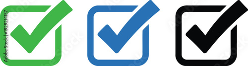 Three distinct checkmarks in green, blue, and black colors within square boxes