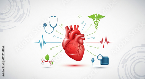 Medical icons surround a human heart with stethoscope ecg and caduceus on white background for healthcare concepts
