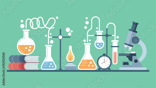 science laboratory equipment and tools for experiments and research on green background