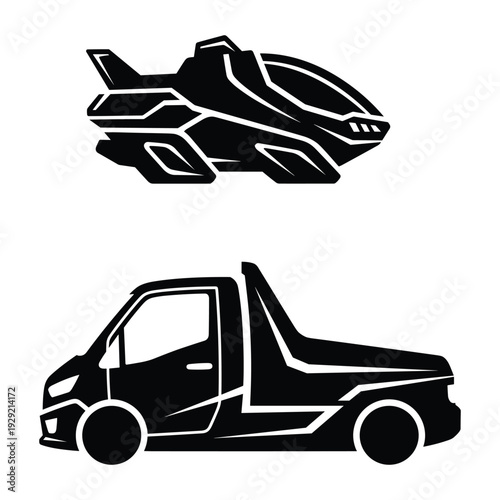 Futuristic spacecraft and modern delivery truck silhouette for automotive tech design