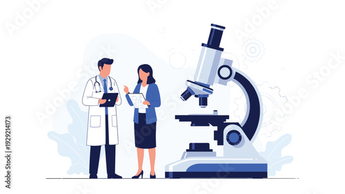 Medical specialists examining samples using a giant laboratory microscope for advanced research and diagnosis.