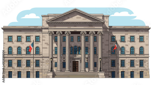 Classical government building facade with pillars and flags representing law court or administrative institution.