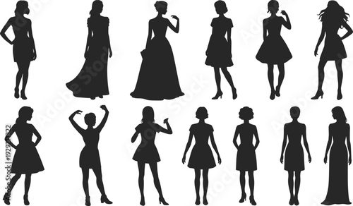 Elegant women silhouettes collection, female fashion models in dresses isolated on white background, stylish lady vector illustration set
