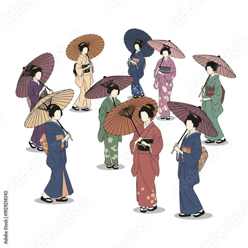 Traditional Japanese Women in Kimonos Holding Umbrellas in Circle