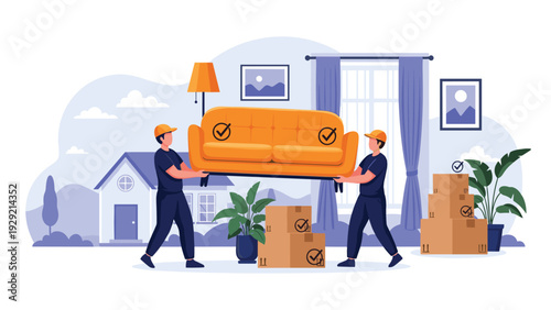 Professional movers carrying an orange sofa in a living room with cardboard boxes for relocation and delivery.