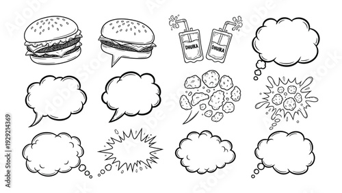 Fast Food Conversation: A lively cartoon illustration showcases an assortment of fast food items and thought bubbles, capturing the essence of casual conversation, hunger, and playful imagination. 