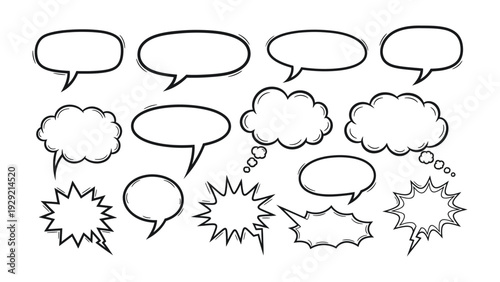 Speech Bubbles Variety: A collection of diverse speech bubbles, each designed to capture various tones and thoughts, from simple dialogues to emphatic exclamations, ready for your creative expression.
