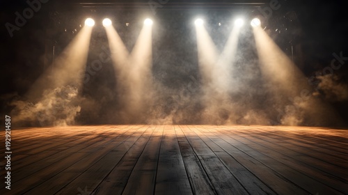A dramatic stage with spotlights shining down on a wooden floor surrounded by smoke