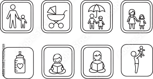 Family and Baby Icons Set: Parental Care Stroller Reading and Nurturing Isolated on white background