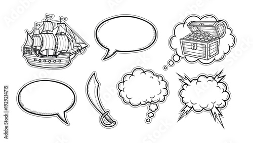 Pirate Ship and Treasure: An illustrative image featuring a pirate ship, sword, treasure chest and thought bubbles, creating an engaging and adventurous composition.